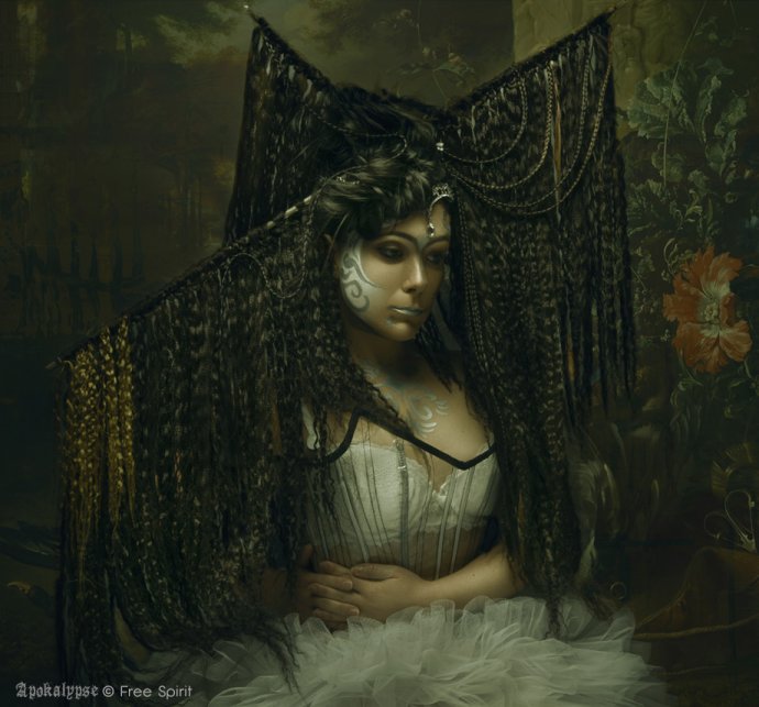 Free Spirit Blue Shadow Apokalypse painting style dark beauty tresses afro transparent corset