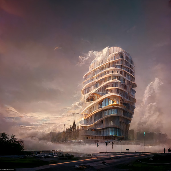 Midjourney prompt example keywords curved building facade made from transparent smooth