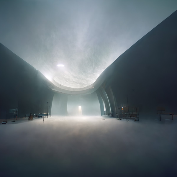 Midjourney prompt example keywords a moody foggy environment inside a curvilinear space