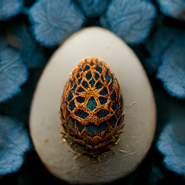 Midjourney prompt example keywords an egg covered in a highly intricate filligree pattern