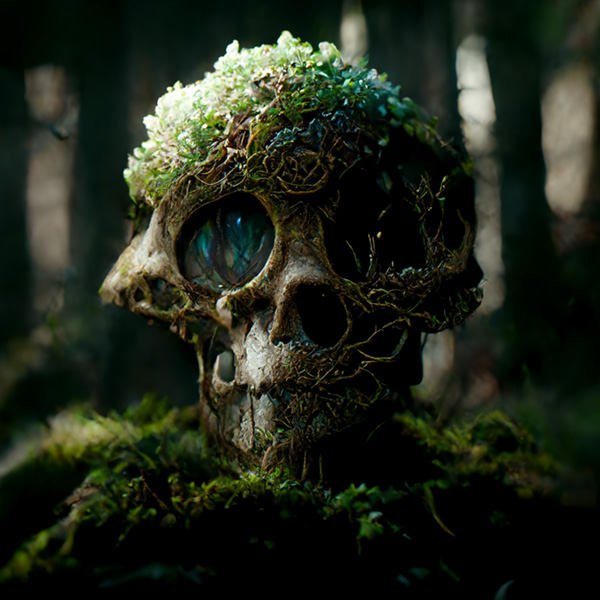 Midjourney prompt example keywords Skull in the forest