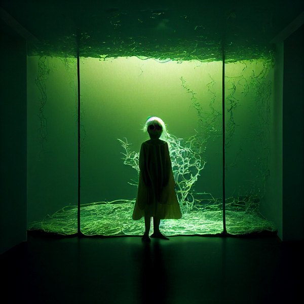 Midjourney prompt example keywords girl wrapped in kelp algae seaweeds in a white minimalist room