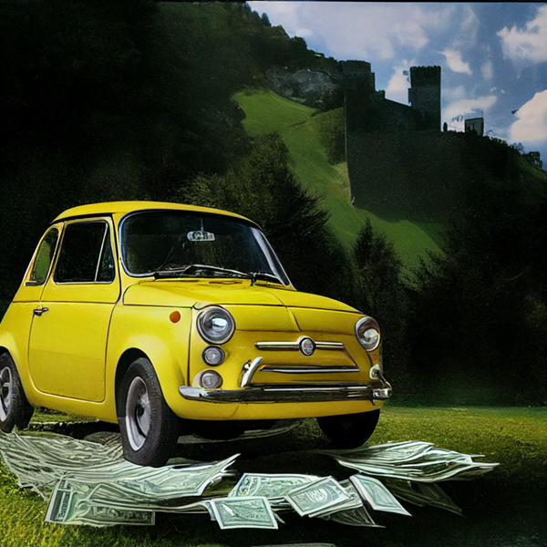 yellow FIAT 500 Cinquecento 1957 driving through liechtenstein castle with a lot of banknotes scattered behind ,filled with wads of cash , car color yellow, license plate R-33