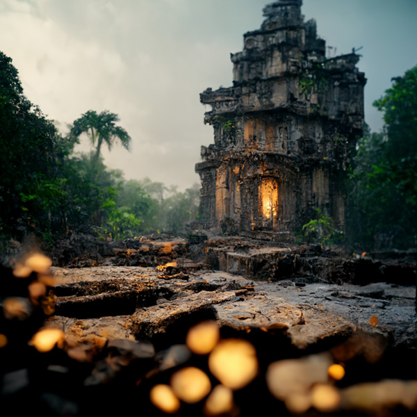 Midjourney prompt example keywords man in a ruin of an ancient city invaded by the jungle