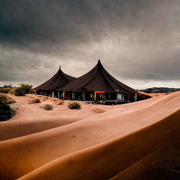 Midjourney prompt example keywords tented resort in the desert