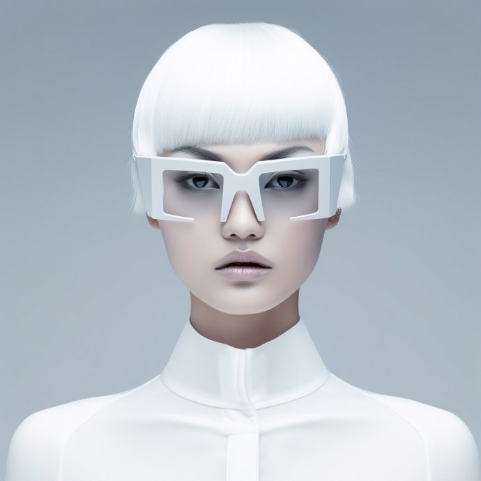 An imaginative rendering of a female figure sporting oversized VR glasses, a bold statement on the intersection of technology and fashion in the digital age