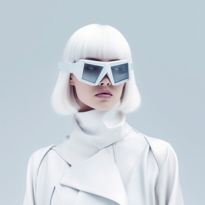 An extraordinary depiction of a woman sporting colossal VR glasses, embodying the convergence of high-tech futurism and fashion.