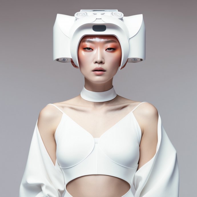 Futuristic Finesse - A captivating full-body portrait of a beautiful young woman wearing a futuristic gas mask, set against a clean, white backdrop. The artwork's minimalistic design and smooth forms subtly underline the tension between elegance and survival.