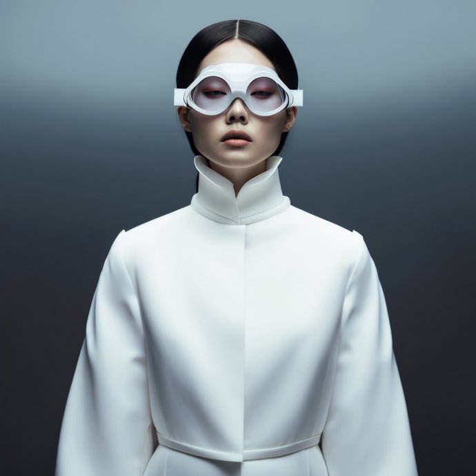 Dystopian Debutante - This digital depiction showcases a beautiful young woman in a full-body pose, sporting a futuristic gas mask. The clear white backdrop, combined with smooth forms and minimalistic design, highlights the interplay between fashion and dystopian elements.