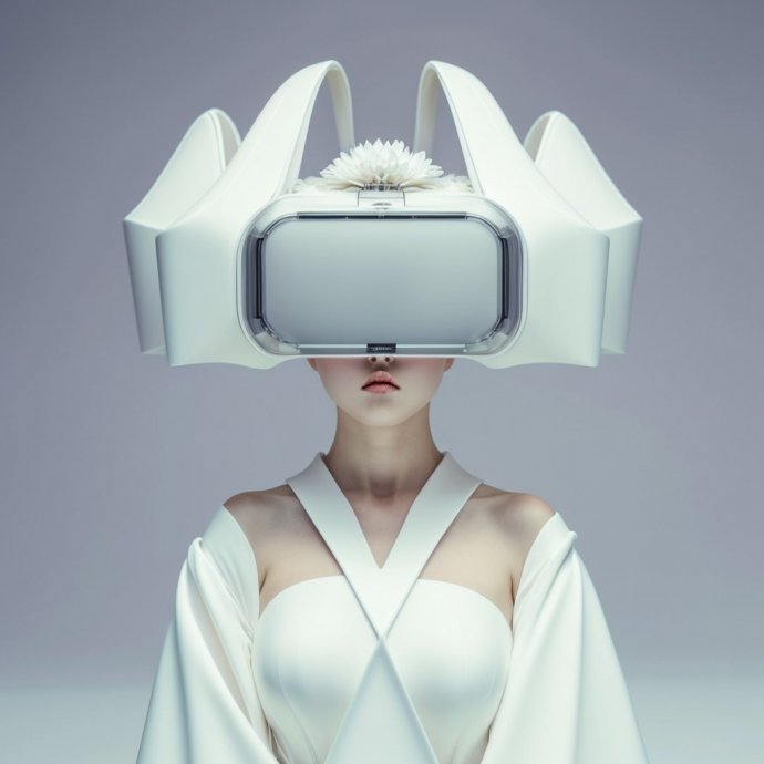 Stylish Survivalist - A striking digital artwork that features a full-body portrait of a young woman in a futuristic gas mask. Set against a clear white backdrop, the minimalistic design and smooth forms showcase the artist's innovative approach to fashion and futurism.