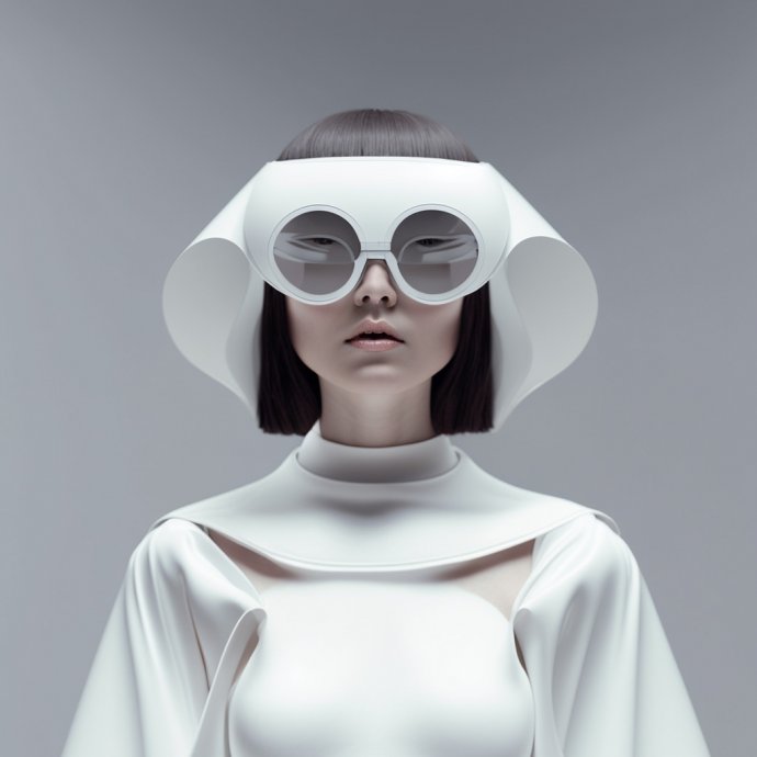 Minimalist Matriarch - Showcasing a striking young woman in a futuristic gas mask, against a backdrop of clear white. The full-body portrait merges minimalistic design with smooth forms, capturing a bold vision of future femininity.