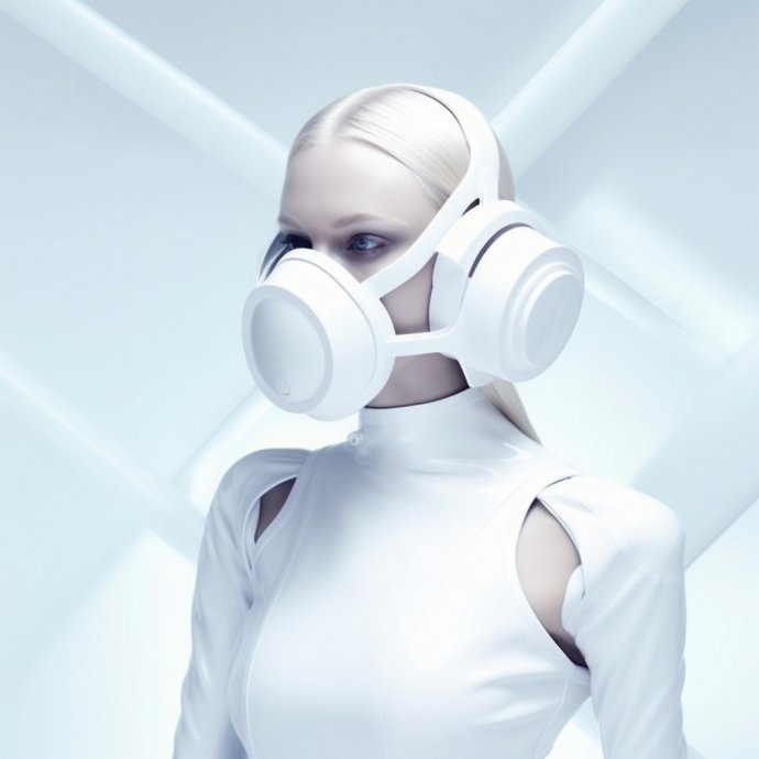 Ethereal Survivor - A digital depiction of a young woman in a full-body pose, showcasing a futuristic gas mask, amidst a clean, white space. The smooth forms and minimalistic design encapsulate a vision of resilient beauty.