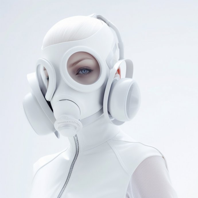 Dystopian Diva - Capturing a striking full-body portrait of a young woman adorned with a futuristic gas mask, set against a stark, clear white backdrop. The minimalistic design and sleek forms highlight the fusion of high fashion and survival gear.