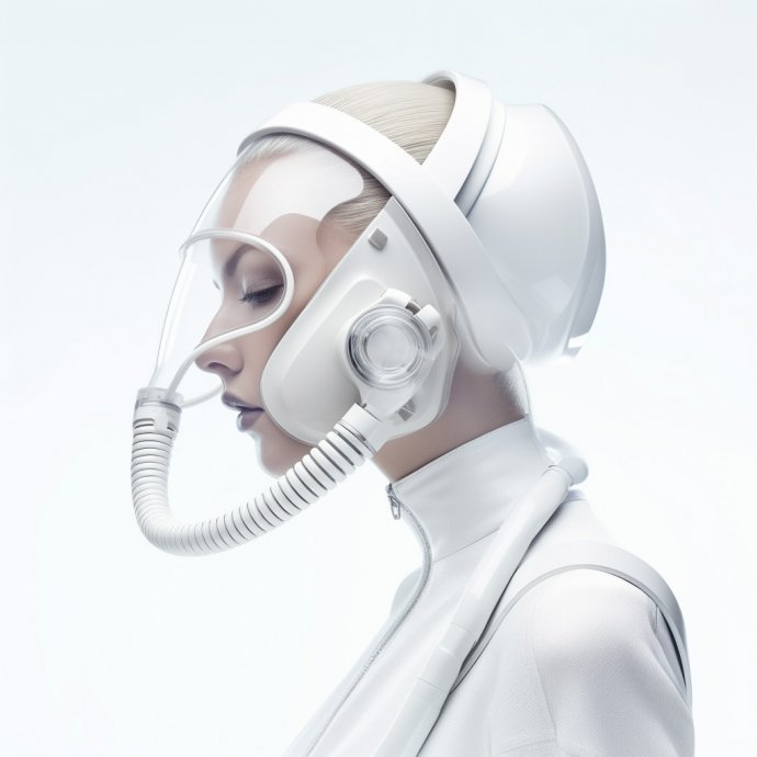 Futuristic Grace - A full-body digital portrait of a beautiful young woman sporting a futuristic gas mask, set against a clear white backdrop. The minimalistic design and smooth forms underscore the series' modern aesthetic.