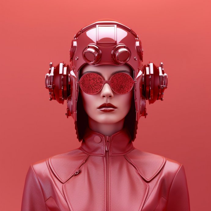 Futuristic Femme - This artwork presents a woman adorning chrome moto engine gears on her head, captured as a contemporary sculpture. The piece embodies retro futurism, smoothly merging minimalistic design with a soft pastel palette complemented by a deep red gradient.