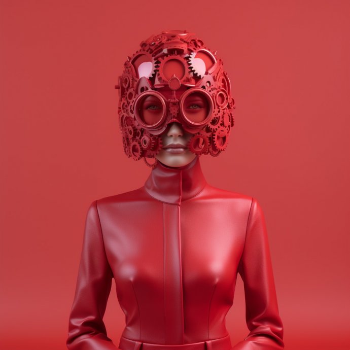 Mechanical Muse - A digital representation of a contemporary sculpture, showcasing a woman with chrome motorcycle engine gears on her head, blending the aesthetics of retro futurism with a minimalistic design and a captivating pastel color scheme accented with a deep red gradient.