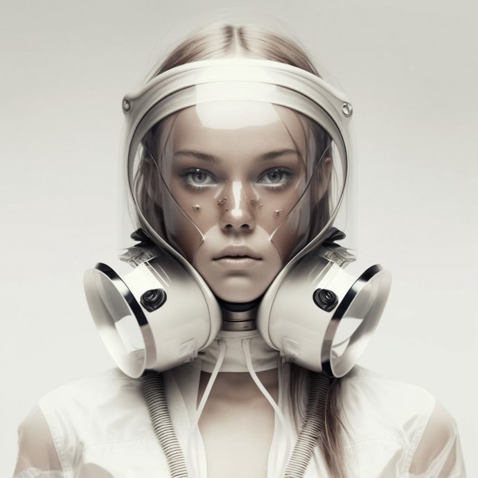 A digital masterpiece showcasing a full-body portrait of a beautiful young woman, adorning a futuristic gas mask on her head, set against a stark, clear white background.