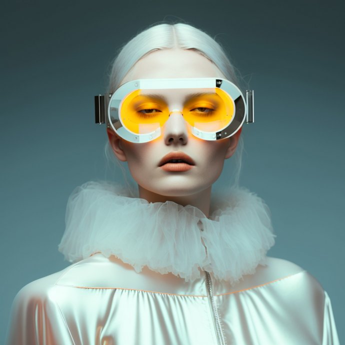 Showcasing a transparent ghost in chic attire, this digital portrait features the character with striking silver VR glasses and a digital clock embedded on the head. Set against a backdrop of clouds and a starry sky, the artwork embodies a surreal blend of pastel colors, vantablack, and neon lighting.