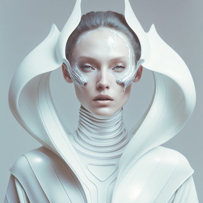 Futurism meets Fashion - This innovative blend of alien aesthetics and high fashion presents an extraterrestrial being garbed in chic attire, exuding a sense of futuristic simplicity and minimalism.