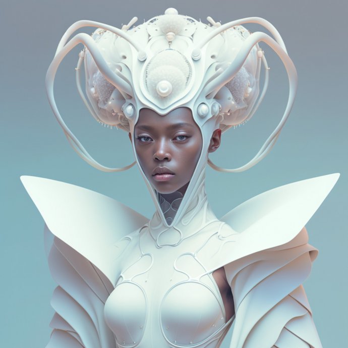Alien Allure - A futuristic digital depiction featuring a stylish alien monster against a clean white backdrop, embodying the series' affinity for minimalist and bizarre designs.