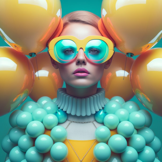 Spectacle of Style - This digital depiction presents a fashionable figure in chic glasses, set against a vibrant backdrop of modern design elements and whimsical bubbles, offering a fresh perspective on fashion in the FEMME FATALE series.