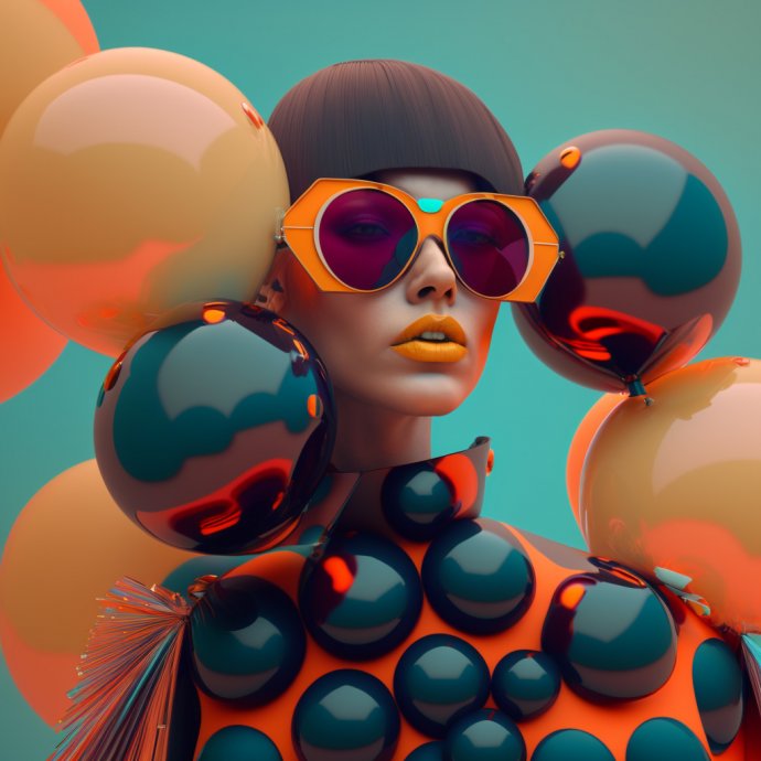 Bubble Couture - A dynamic fusion of fashion and whimsy, this digital piece features a modern, stylish figure surrounded by playful bubbles, epitomizing the artist's experimental approach in the FEMME FATALE series.