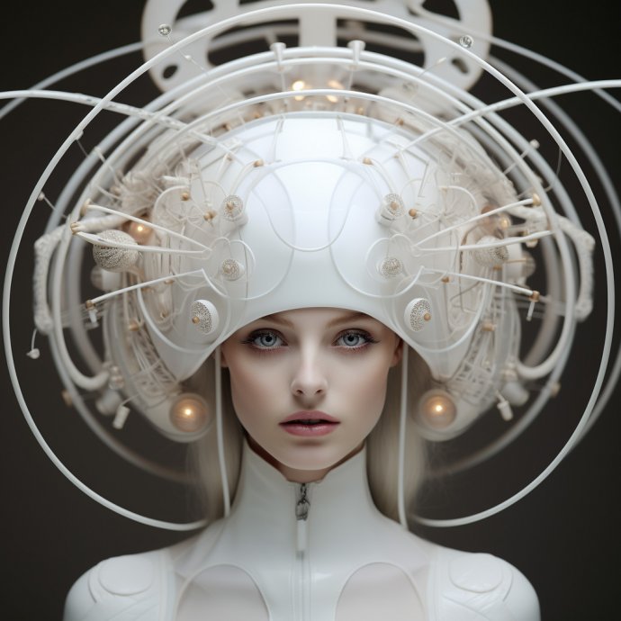 Illuminated Innovation - A captivating digital portrayal of a white model donning a hat inspired by fantastical machines. The model's chic attire and the eccentric headpiece are accentuated by dramatic volumetric lighting.
