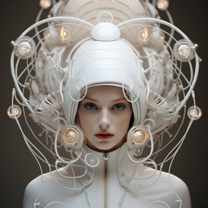 Mechanical Millinery - This digital artwork features a white model showcasing a hat designed in the style of fantastical machines. The volumetric lighting creates an ethereal glow, spotlighting the intricate details of the hat and the model's graceful features.