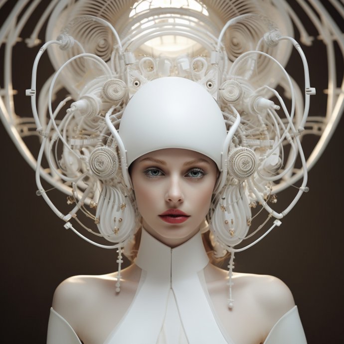 A white model wearing a hat has a hat on her head, in the style of fantastical machines, volumetric lighting
