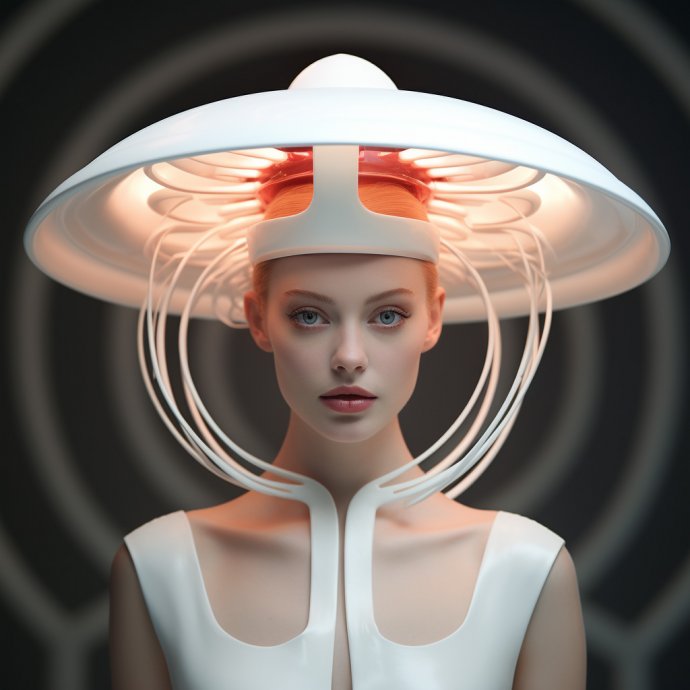 Futuristic Fashionista - Capturing a white model wearing a hat crafted in the style of fantastical machines, bathed in the ethereal glow of volumetric lighting. This artwork seamlessly blends high fashion with an audacious futurist aesthetic.