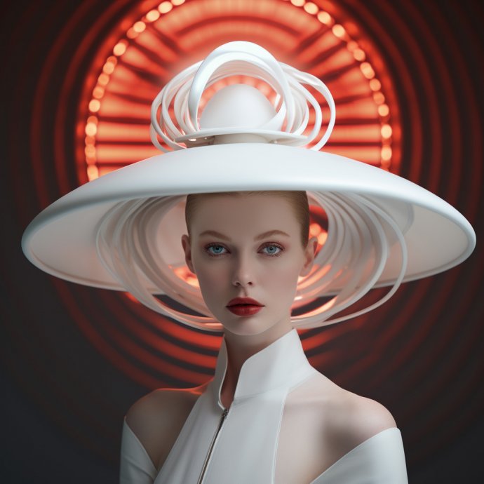 Mechanical Majesty - A digital rendering of a white model donning a fantastical machine-styled hat, dramatically highlighted by volumetric lighting, creating a stunning fusion of high fashion and eccentric design elements.