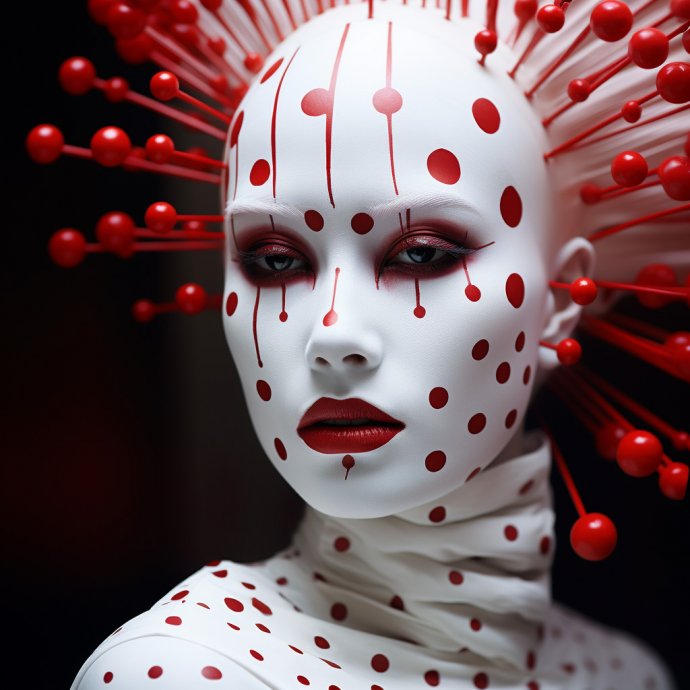 "Enigmatic Beauty - Red Dots and Monochromatic White" - Delve into the enigmatic beauty of a woman adorned with red makeup, graced by red dots around her eyes, and stylized in monochromatic white figures. The photo's bold geometrics add an artistic edge, resembling the compelling essence of a National Geographic masterpiece