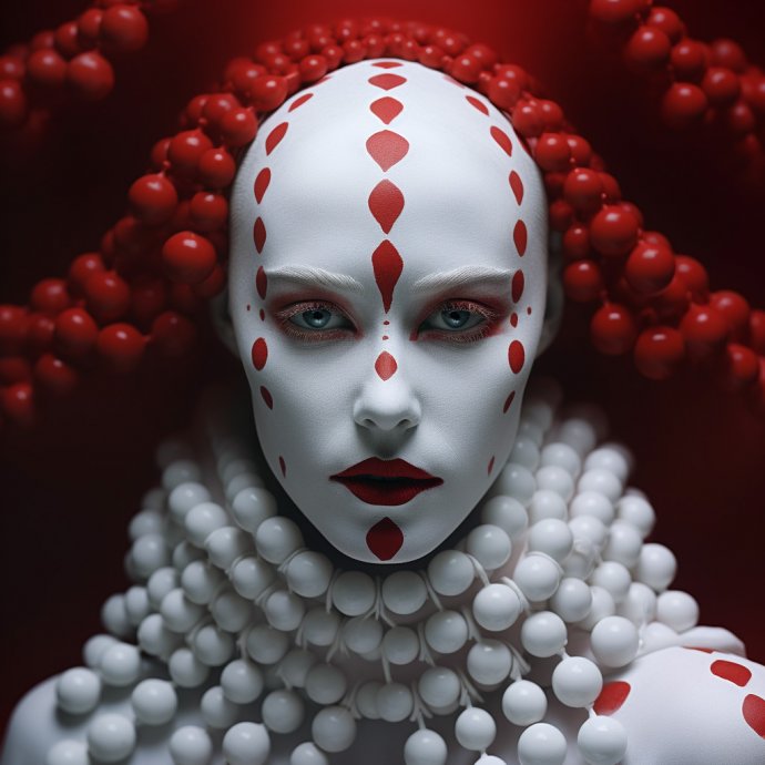 "Monochromatic Elegance - Red Dotted Vision" - Behold the mesmerizing allure of a woman with red makeup and striking red dots around her eyes, embodied in the style of monochromatic white figures. Explore the artistry of bold geometrics that accentuate her beauty, reminiscent of a captivating National Geographic photo.