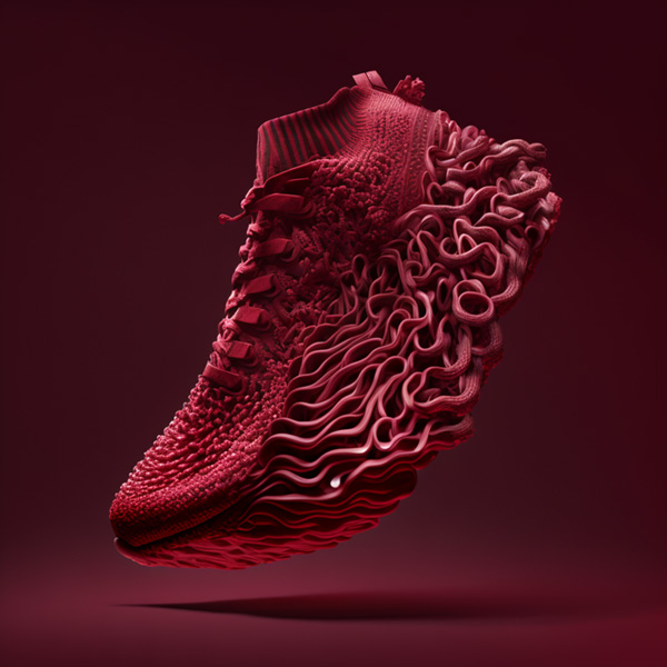 Midjourney prompt example keywords intricate knitted running shoe, product photography, octane, volumetric lighting