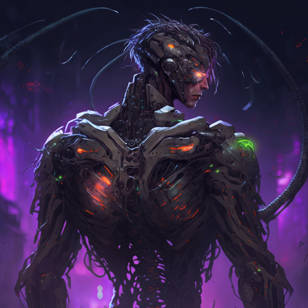 Midjourney prompt example keywords commands cyborg shadowrunner watching arm decompose into cybernetic tentacles