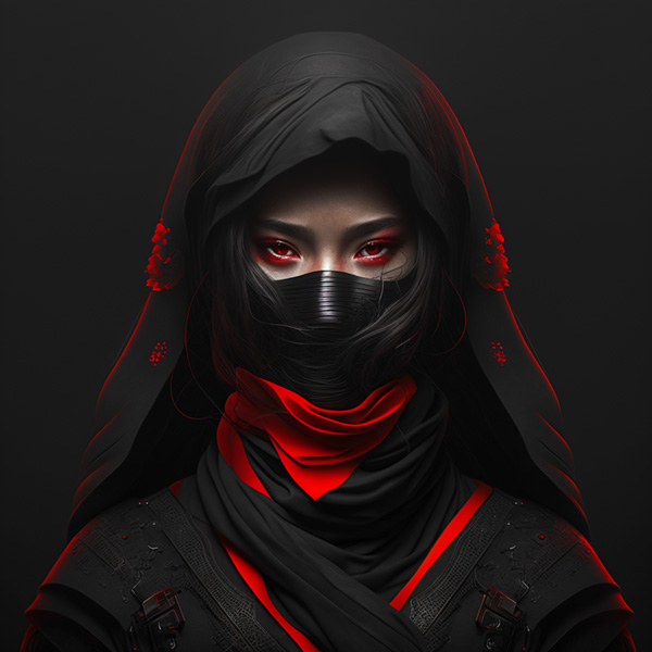 Midjourney prompt example keywords commands fashion in vantablack colors and red accents, ninja
