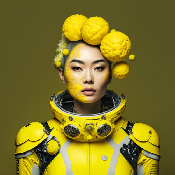Midjourney prompt example keywords commands lemon queen of Kyoto astronaut futuristic yellow makeup hyper realistic