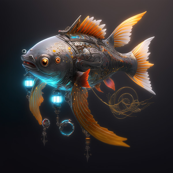 Midjourney prompt example keywords commands flying robot koi fish with armour