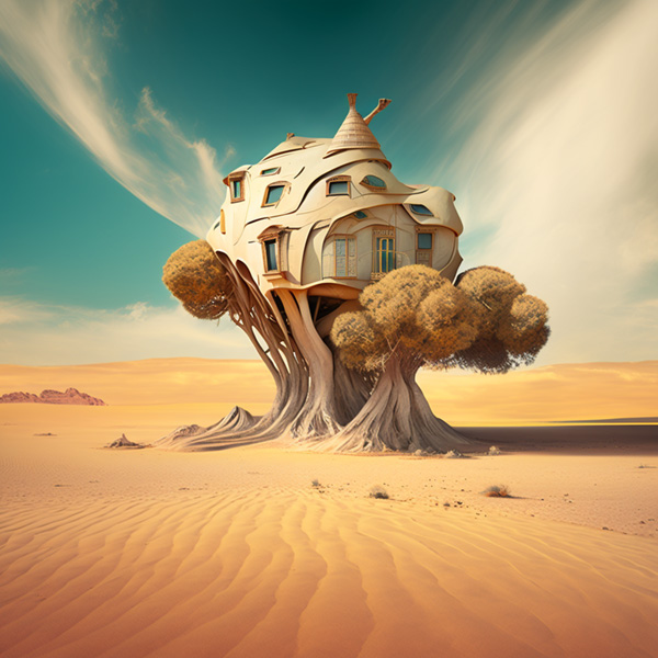 house in the desert, MIDJOURNEY, surreal landscapes