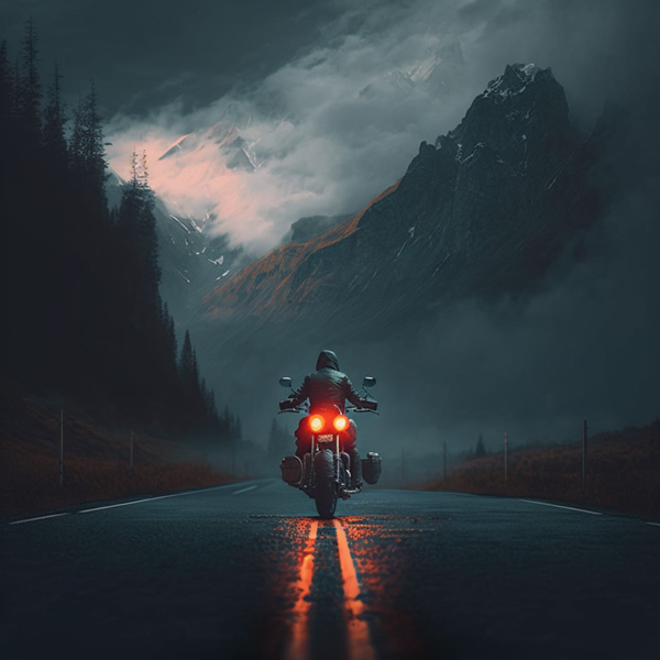 a motocycle on the road, atmospheric midjourney
