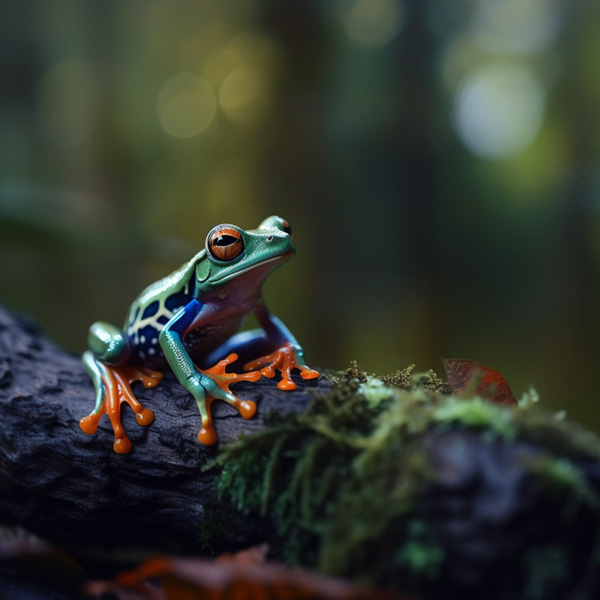 Midjourney prompts commands examples Frog, in forest, colorful