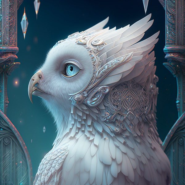 anthropomorphic profile of the white snow owl Crystal priestess