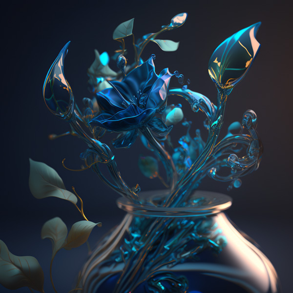 Hyper real glass flowers, blue organic twisting