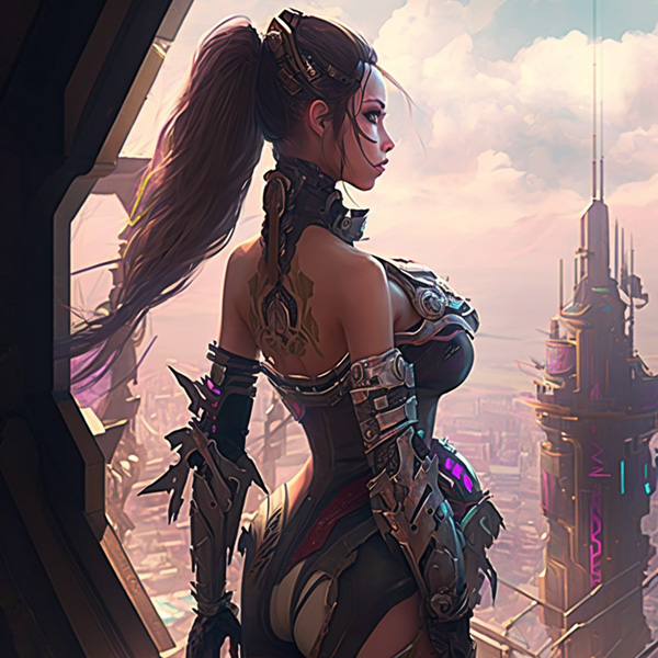 Midjourney prompt Beautiful cyborg princess looking out over her lands from a tall tower