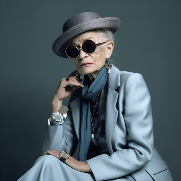 Editorial photoshoot of a old woman, high fashion 2000s fashion