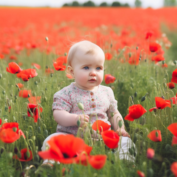 Midjourney prompt example keywords commands Baby sitting in a poppy field