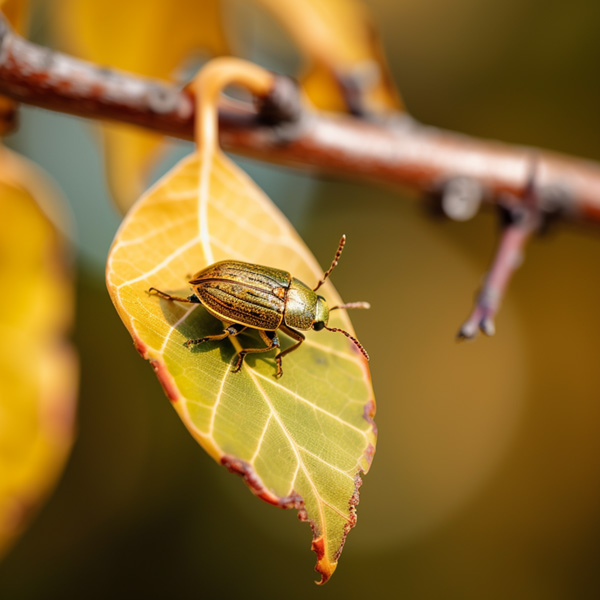 Midjourney prompt example keywords commands A close up of a branch of a tree and a golden bug on the top a leaf,