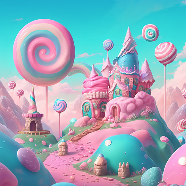 Candy world Disney land ethereal soft fluffy soft landscape forest snow avatar Pastel pink sky green blue