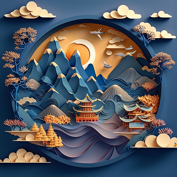 Midjourney commands Chinese illustration on blue background, auspicious clouds