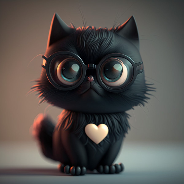 Midjourney prompts Black cat with a small white heart patch on its chest with glasses
